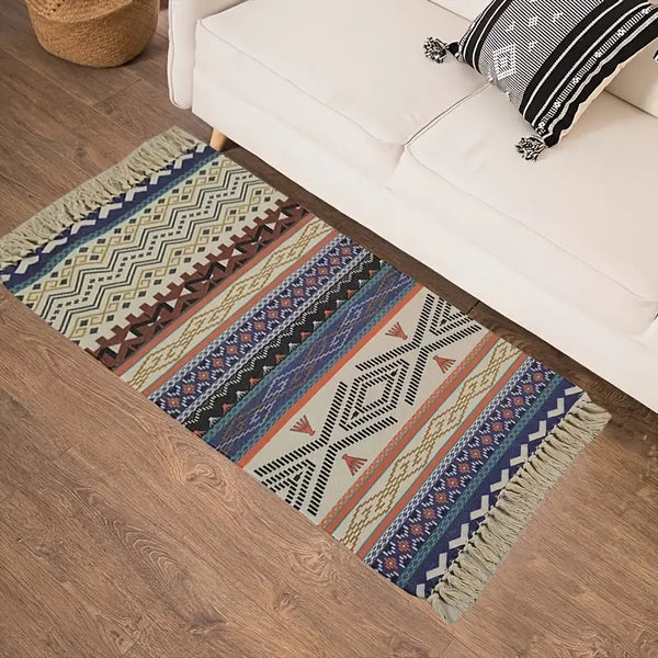 Vintage Geometric Floor Mat with Tassels for Home Decor