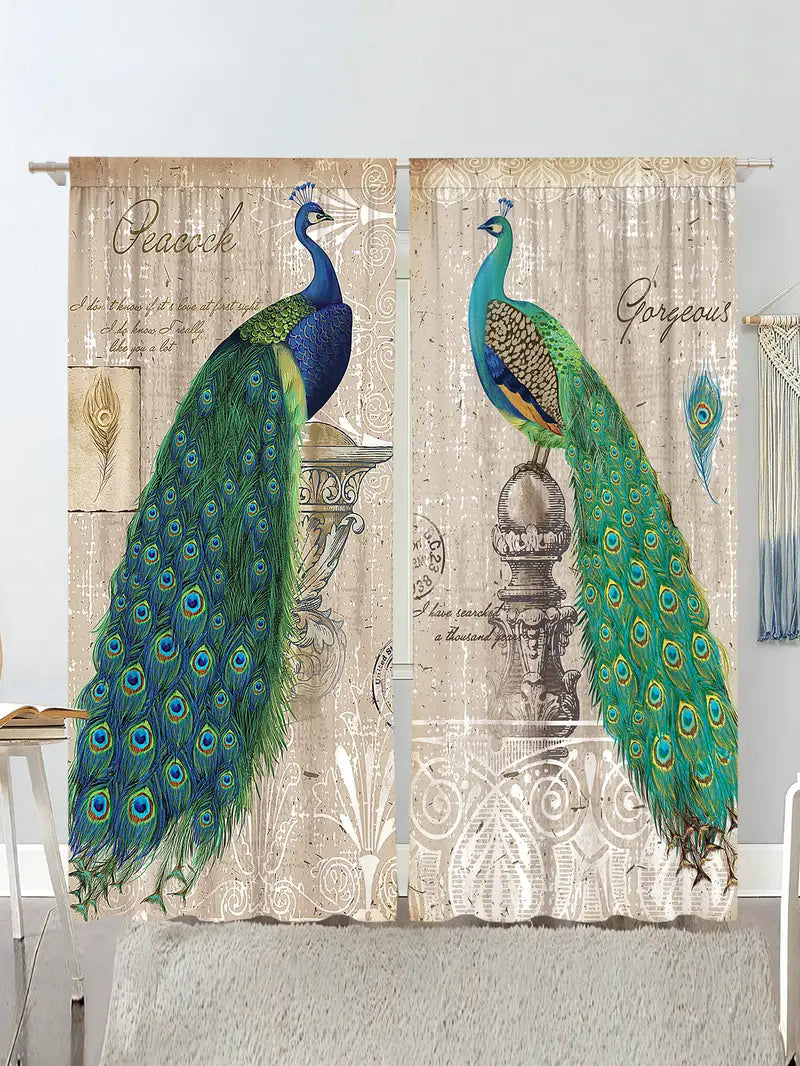 Vintage Peacock Window Curtains (1 Pair)