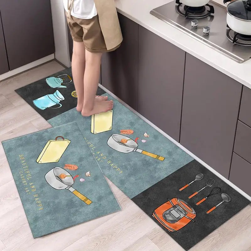 Long Cartoon Non-Slip Kitchen Mat, Washable Rugs Set